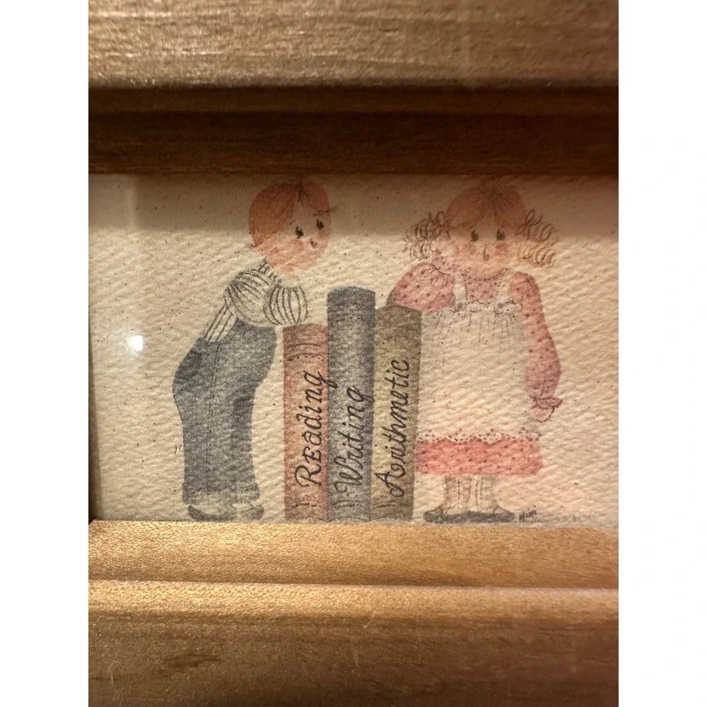 Vintage Hiri Miniature Framed Art Reading Writing Arithmetic Schoolhouse Decor
